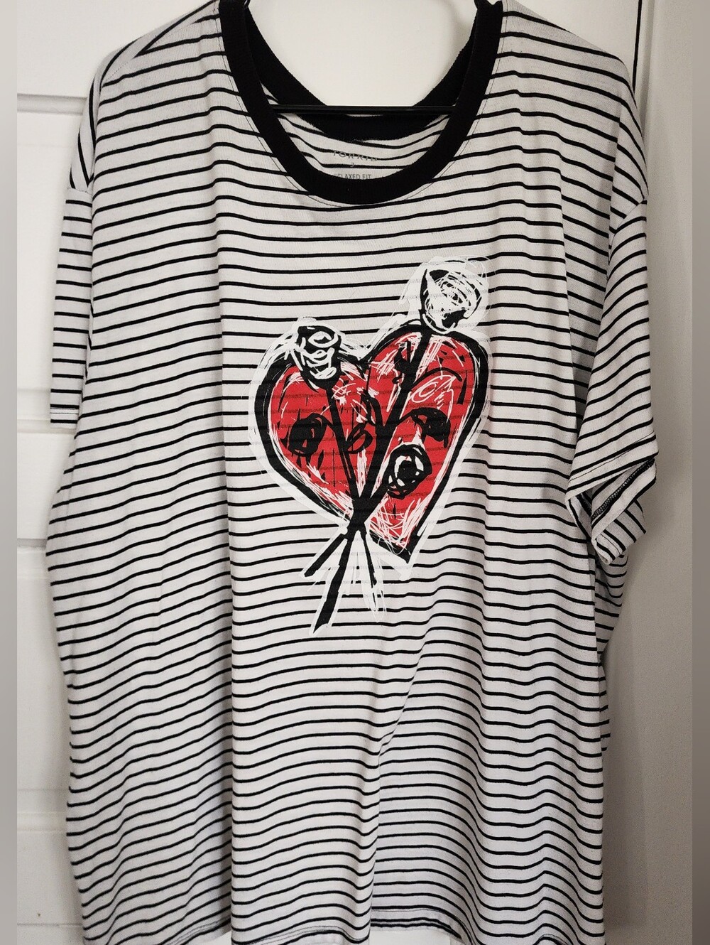 Womens Striped White & Black Tee with Red Heart Graphic